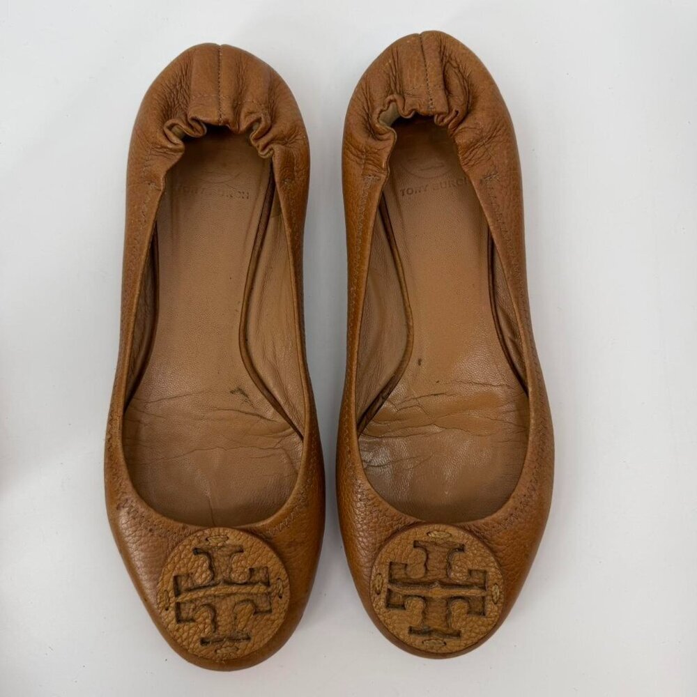 Tory Burch Women's Casual Shoes Reva Flat Tan Logo Leather Size 10